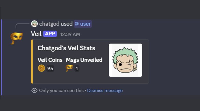 User stats card showing coins and unveiled count